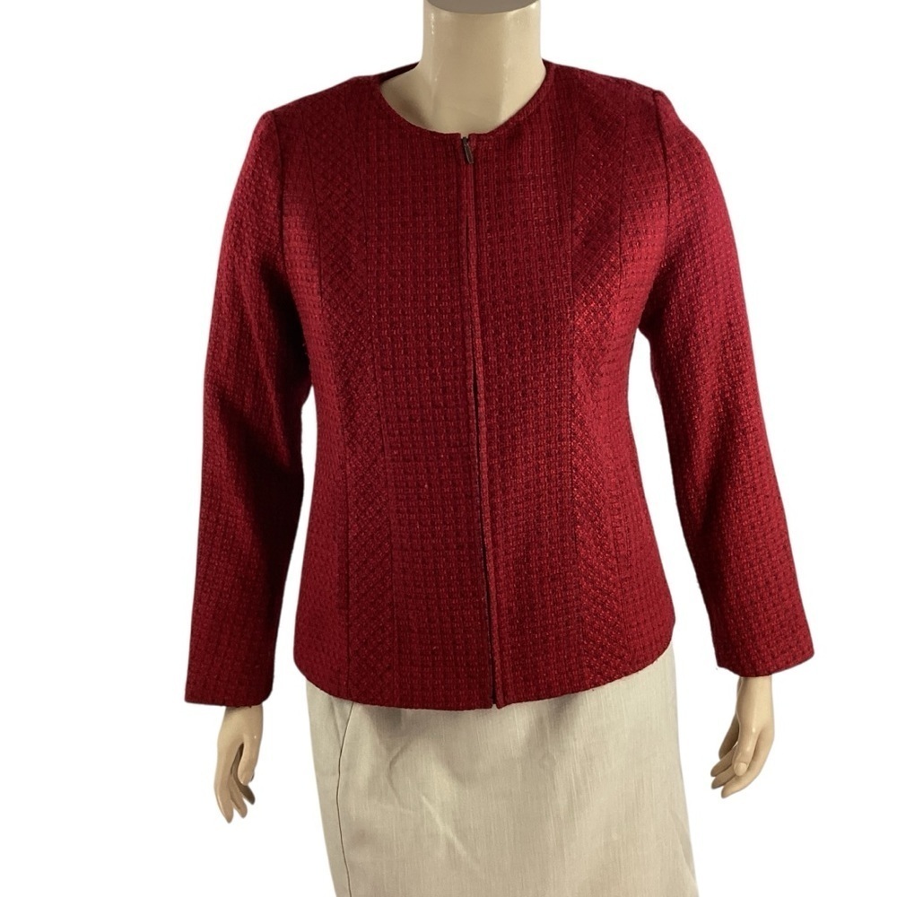 Coldwater Creek Red Textured Zip Front Blazer Jacket Size 12 Lined